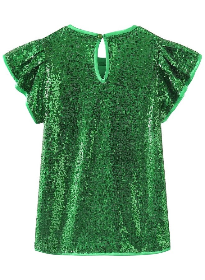Noomelfish Girls Short Sleeve Sequin Shirts Party Glitter Sparkly Tops Blouse, Green, Size 9-10 Years - Image 2